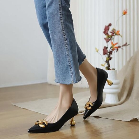 XYD Black Low Heel Pointed Toe Pumps with Metal Chain Solid Golden Heeled Shoes - Picture 1 of 8